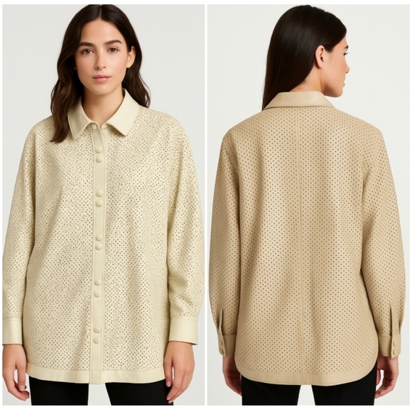 Andrew Marc Faux Leather Perforated Oversized Shirt Jacket Beige Women's Large - Picture 1 of 15